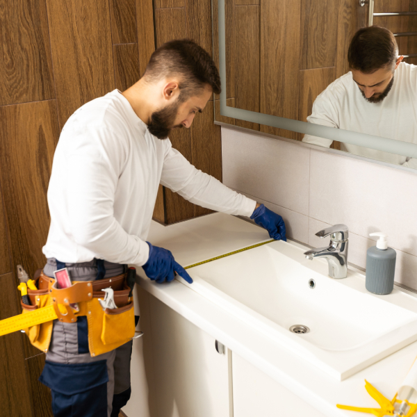 A man measuring the countertop width during the bathroom installation process.